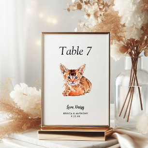 Simple Modern Watercolor Cat Wedding  Table Number