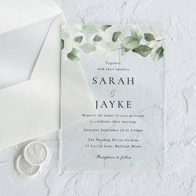 Simple Modern Watercolor Green Leaf Wedding Acrylic Invitations (Creator Uploaded)