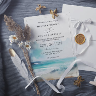 Simple Modern Watercolor Seaside QR Code Wedding Invitation