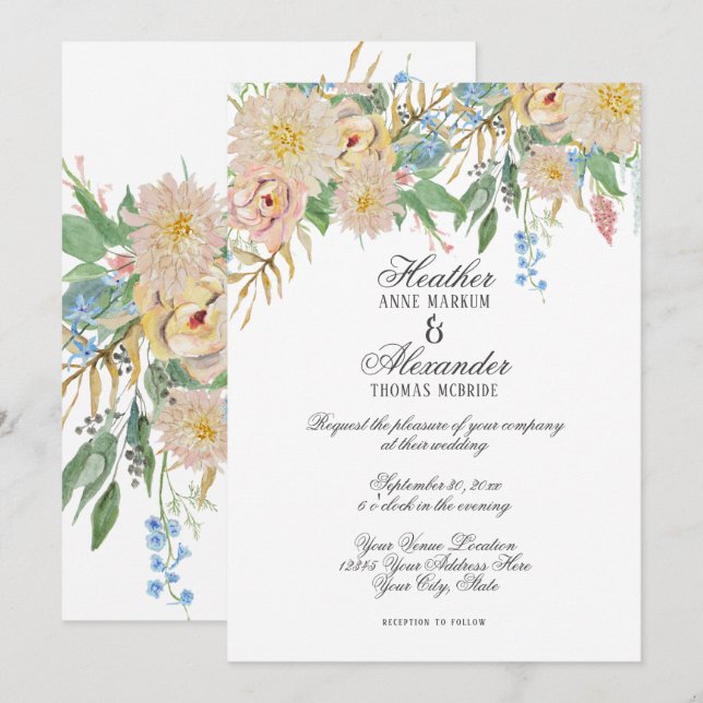 Simple Modern Watercolor Wedding Floral Blush Invitation (Front/Back)
