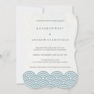 Simple Modern Waves Blue + White Beach Wedding Invitation