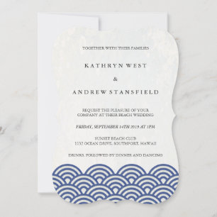 Simple Modern Waves Blue + White Beach Wedding Invitation