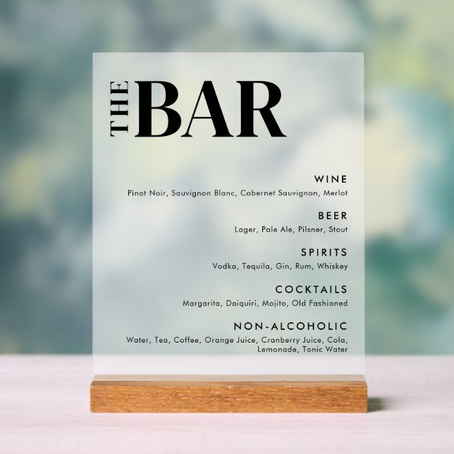 Simple Modern Wedding Bar Menu Acrylic Sign (Neutral)