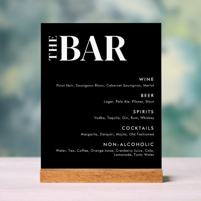 Simple Modern Wedding Bar Menu Acrylic Sign (Neutral)