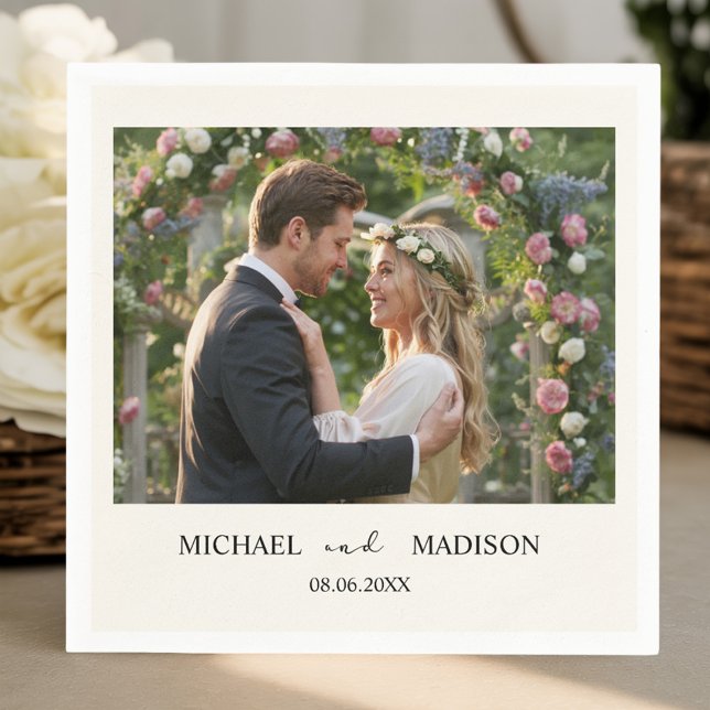 Simple Modern Wedding Custom Photo Names & Date    Napkin (Creator Uploaded)