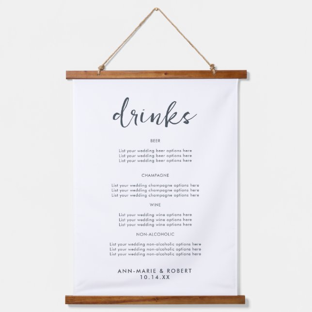 Simple Modern Wedding Drinks Menu Hanging Tapestry (Front)