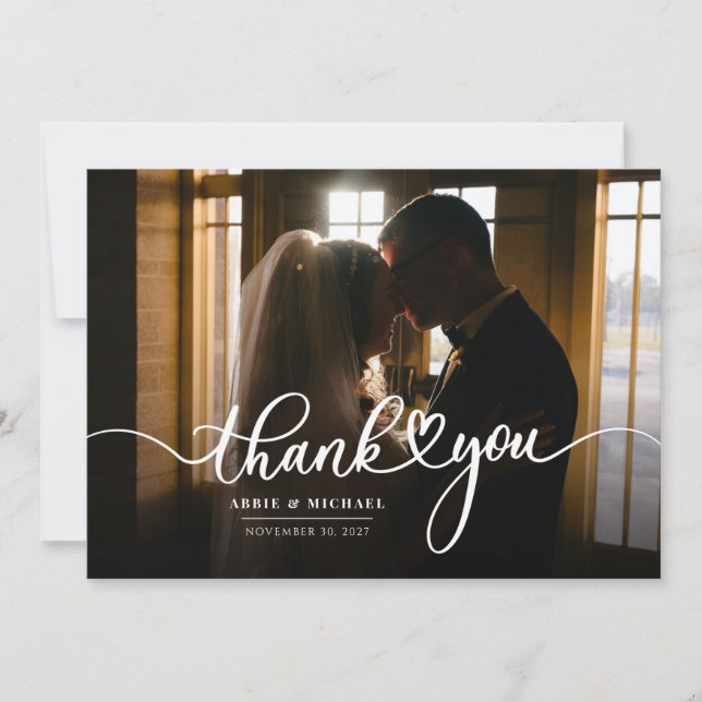 Simple Modern Wedding Photo Hand-Lettered Thank You Card (Front)