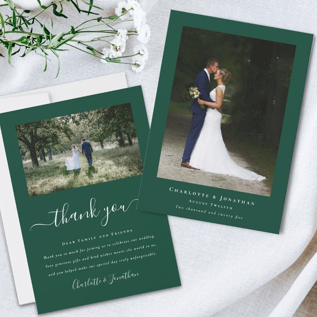 Simple Modern Wedding Photo Thank You Card (Simple modern photo dark green Wedding save the date invitation Elegant script 2 photograph )