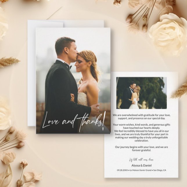 Simple Modern Wedding Photos Love and Thanks Thank You Card (Love and Thanks modern wedding photo thank you cards.)