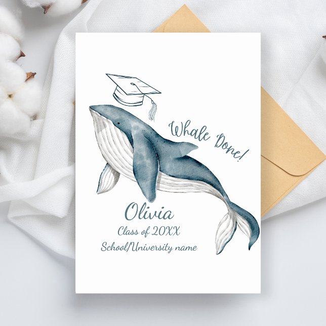 Simple Modern Whale Done White Blue Grad Party Invitation (Creator Uploaded)