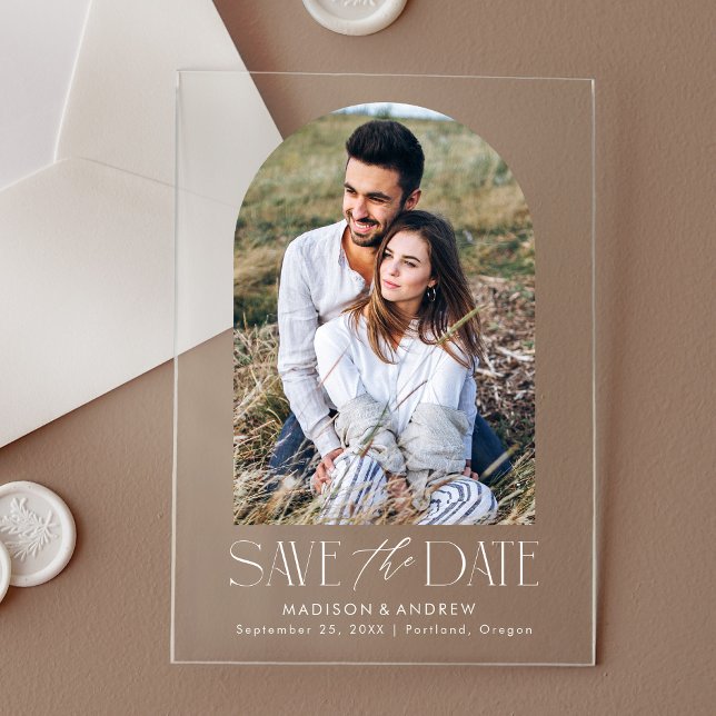 Simple Modern White Arch Photo Save The Date Acrylic Invitations (Creator Uploaded)