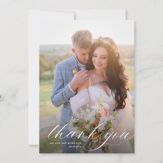 Simple modern white calligraphy wedding thank you card (Front)