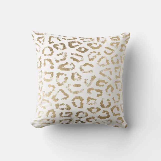 Simple modern white chic faux gold cheetah print cushion (Front)