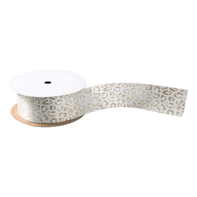 Simple modern white chic faux gold cheetah print satin ribbon (Spool)