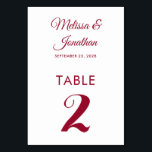 Simple modern white crimson red elegant wedding table number<br><div class="desc">Simple and elegant minimalist wedding table number card featuring a stylish crimson red script over a classic plain white background. Easily customisable with the bride and groom's names, the wedding date, and the table number. For further personalisation or custom orders, feel free to contact me at acherryonthecake@hotmail.com (please allow 1-2...</div>
