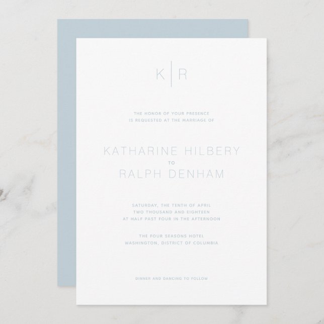 Simple Modern White Dusty Blue Wedding Invitation (Front/Back)