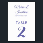 Simple modern white dusty purple elegant wedding t table number<br><div class="desc">Simple and elegant minimalist wedding table number card featuring a stylish periwinkle purple script over a classic plain white background. Easily customisable with the bride and groom's names, the wedding date, and the table number. For further personalisation or custom orders, feel free to contact me at acherryonthecake@hotmail.com (please allow 1-2...</div>