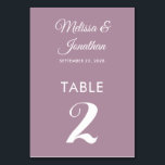 Simple modern white dusty purple elegant wedding table number<br><div class="desc">Simple and elegant minimalist wedding table number card featuring a stylish white script over a romantic dusty purple background. Easily customisable with the bride and groom's names, the wedding date, and the table number. For further personalisation or custom orders, feel free to contact me at acherryonthecake@hotmail.com (please allow 1-2 working...</div>