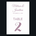 Simple modern white dusty purple elegant wedding table number<br><div class="desc">Simple and elegant minimalist wedding table number card featuring a stylish dusty purple script over a classic plain white background. Easily customisable with the bride and groom's names, the wedding date, and the table number. For further personalisation or custom orders, feel free to contact me at acherryonthecake@hotmail.com (please allow 1-2...</div>