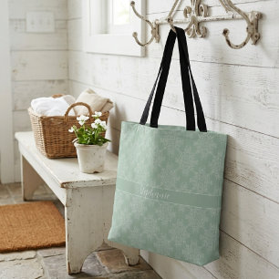 Simple Modern White Floral Damask Light Sage Tote Bag