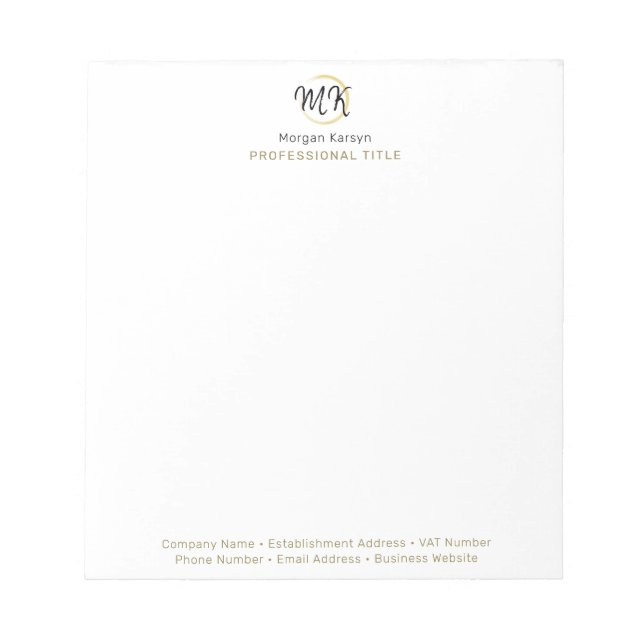 Simple Modern White Gold Elegant Template Monogram Notepad (Front)