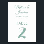 Simple modern white mint green elegant wedding table number<br><div class="desc">Simple and elegant minimalist wedding table number card featuring a stylish mint green script over a classic white background. Easily customisable with the bride and groom's names, the wedding date, and the table number. For further personalisation or custom orders, feel free to contact me at acherryonthecake@hotmail.com (please allow 1-2 working...</div>