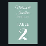 Simple modern white mint green elegant wedding table number<br><div class="desc">Simple and elegant minimalist wedding table number card featuring a stylish white script over a romantic mint green background. Easily customisable with the bride and groom's names, the wedding date, and the table number. For further personalisation or custom orders, feel free to contact me at acherryonthecake@hotmail.com (please allow 1-2 working...</div>