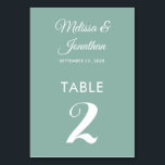 Simple modern white mint green elegant wedding table number<br><div class="desc">Simple and elegant minimalist wedding table number card featuring a stylish white script over a romantic mint green background. Easily customisable with the bride and groom's names, the wedding date, and the table number. For further personalisation or custom orders, feel free to contact me at acherryonthecake@hotmail.com (please allow 1-2 working...</div>