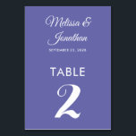 Simple modern white periwinkle elegant wedding  table number<br><div class="desc">Simple and elegant minimalist wedding table number card featuring a stylish white script over a romantic contemporary periwinkle purple background. Easily customisable with the bride and groom's names, the wedding date, and the table number. For further personalisation or custom orders, feel free to contact me at acherryonthecake@hotmail.com (please allow 1-2...</div>