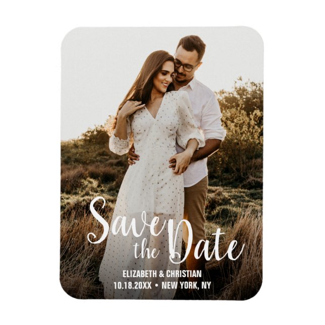 Simple Modern White Script Engagement Photo Magnet (Vertical)