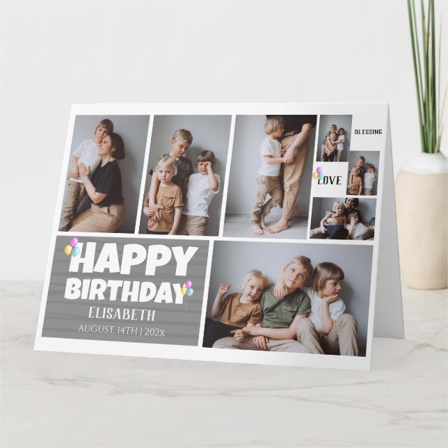 Simple Modern Wood Birthday Stylish Photo Collage Card (Front)