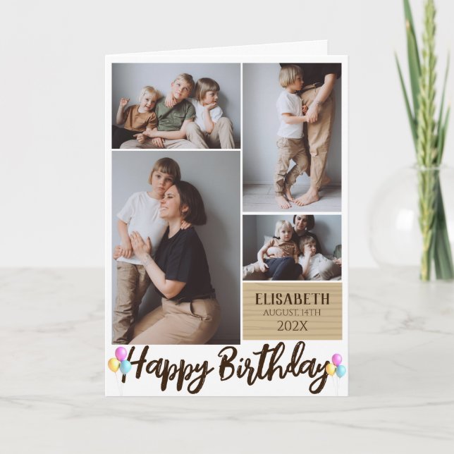 Simple Modern Wood Birthday Stylish Photo Collage Card (Front)