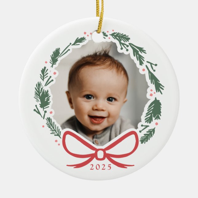 Simple Modern Wreath Photo Ceramic Circle Ornament (Front)