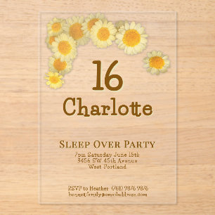 Simple Modern Yellow Daisy 16th Birthday Party Acrylic Invitations