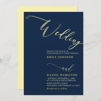 Simple Modern Yellow  Navy Calligraphy Wedding Invitation