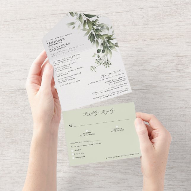 Simple Monochromatic Greenery Eucalyptus Wedding All In One Invitation (Tearaway)