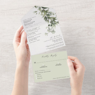 Simple Monochromatic Greenery Eucalyptus Wedding All In One Invitation