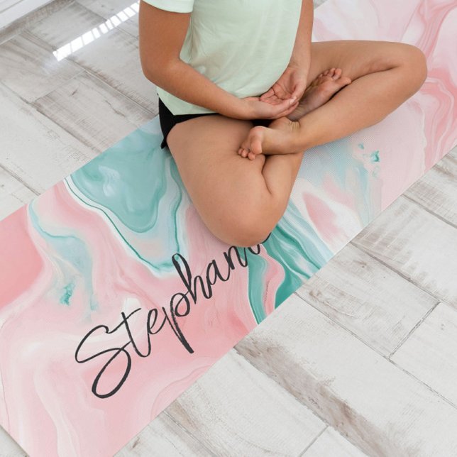 Simple Monogram Abstract Marble Pink  Yoga Mat (Stunning green abstract design with elegant marbled textures and a simple custom name. )