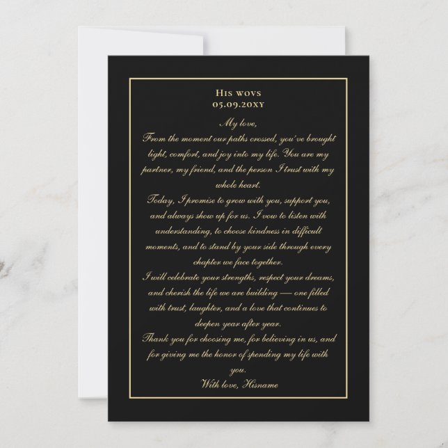 Simple Monogram Black Gold Wedding Vow Card (Front)