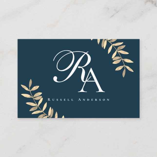 Simple Monogram Blue Business Card (Front)