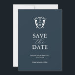 Simple Monogram Blue Save The Date<br><div class="desc">Announce your engagement with this modern save the date card. It features a mix of classic and script typography in white over a solid dark blue background. Enter the bride and groom's monogram in the centre of a crest. All the colours can be customised to suite your wedding colour scheme....</div>
