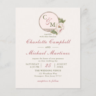 Simple Monogram Blush Pink Peony Wedding Invites