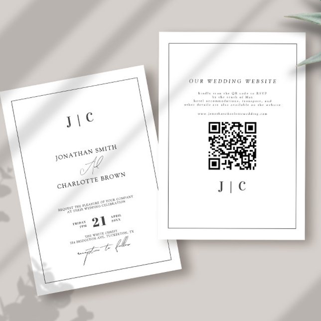 Simple Monogram & Border Silver Grey Wedding Invitation (Creator Uploaded)
