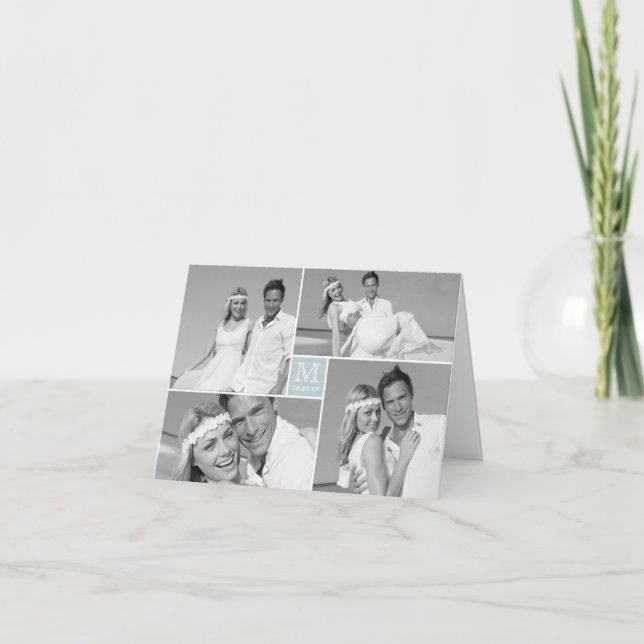 Simple Monogram Box 4 Multi Photo Modern Wedding Thank You Card (Front)