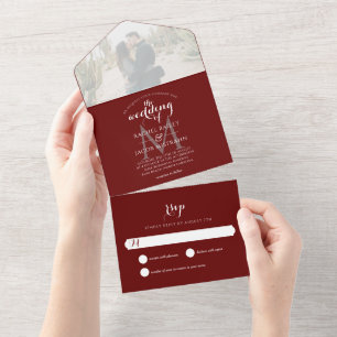 Simple Monogram Burgundy Marsala Photo Wedding All In One Invitation