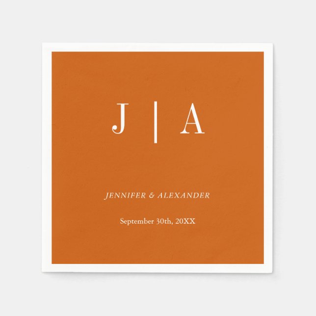 Simple Monogram Couple Name Burnt Orange And White Napkin (Front)