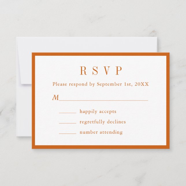 Simple Monogram Couple Name Burnt Orange And White RSVP Card (Front)
