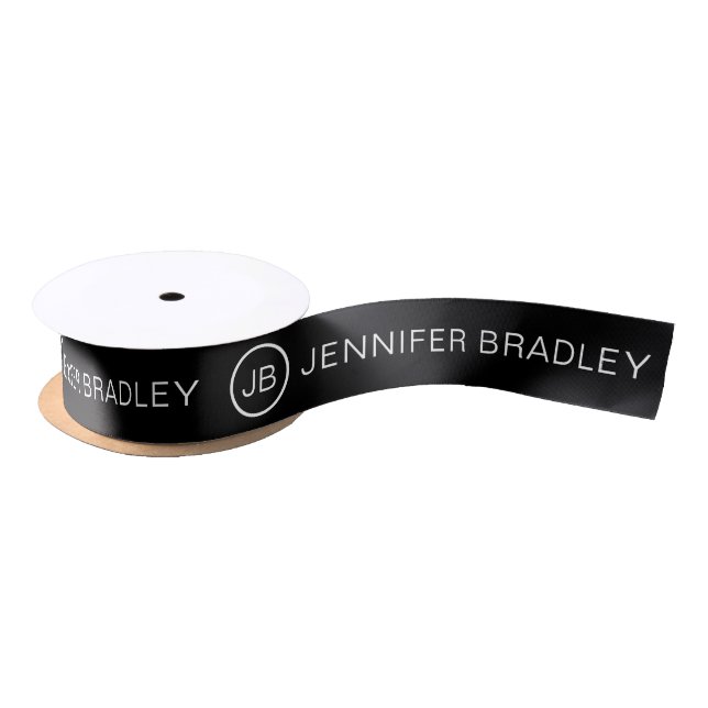 Simple Monogram Custom Name Black and White Satin Ribbon (Spool)