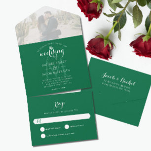 Simple Monogram Dark Green Photo Wedding All In One Invitation
