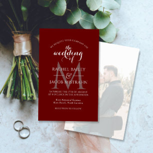 Simple Monogram Dark Red Photo Wedding Invitation